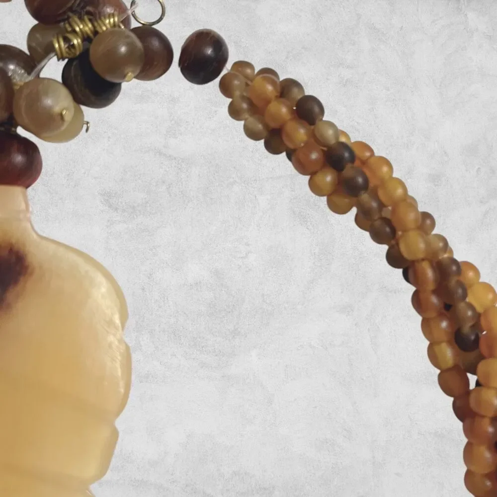 Vintage Baltic Amber Statement Necklace Brown Beige Leaf Pendant Twist Beaded
